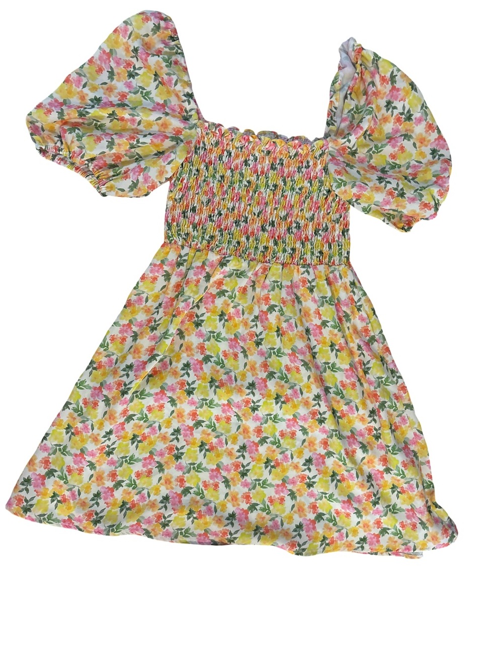 RESA Yellow Pink Green Floral Smocked Puff-Sleeve Dress